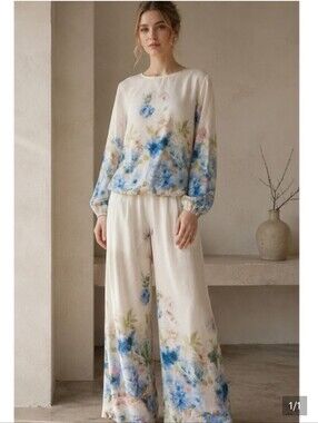 Nwt XL Elaine Rose Floral Wide-Leg Lounge Pants in Cream and Blue